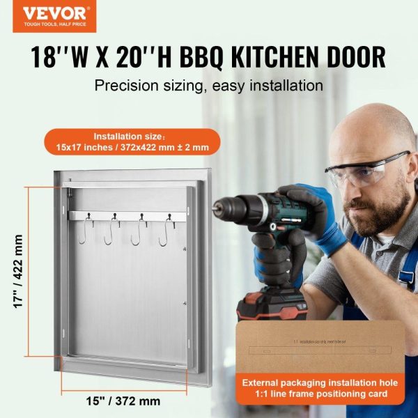 Restaurant Furniture | BBQ Access Door, 18W x 20H Inch Single Outdoor Kitchen Door, Stainless Steel Flush Mount Door, Wall Vertical Door with Handle and Hook, for BBQ Island, Grilling Station, Outside Cabinet Silver Restaurant & Food Service Restaurant Furniture