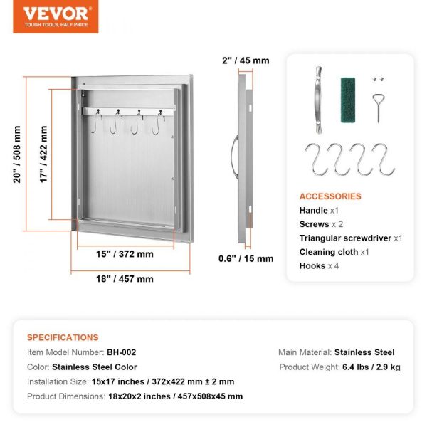 Restaurant Furniture | BBQ Access Door, 18W x 20H Inch Single Outdoor Kitchen Door, Stainless Steel Flush Mount Door, Wall Vertical Door with Handle and Hook, for BBQ Island, Grilling Station, Outside Cabinet Silver Restaurant & Food Service Restaurant Furniture