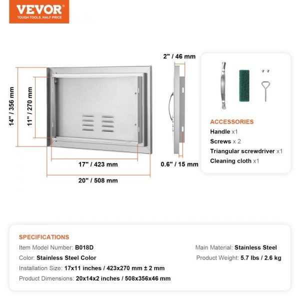 Restaurant Furniture | BBQ Access Door, 20W x 14H Inch Single Outdoor Kitchen Door, Stainless Steel Flush Mount Door, Wall Vertical Door with Handle and vents, for BBQ Island, Grilling Station, Outside Cabinet Restaurant & Food Service Restaurant Furniture