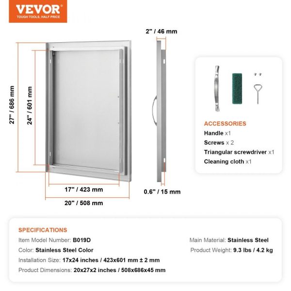 Restaurant Furniture | BBQ Access Door, 20W x 27H Inch Single Outdoor Kitchen Door, Stainless Steel Flush Mount Door, Wall Vertical Door with Handle, for BBQ Island, Grilling Station, Outside Cabinet Restaurant & Food Service Restaurant Furniture