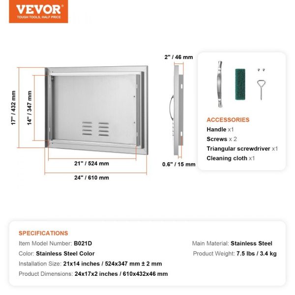 Restaurant Furniture | BBQ Access Door, 24W x 17H Inch Single Outdoor Kitchen Door, Stainless Steel Flush Mount Door, Wall Vertical Door with Handle and vents, for BBQ Island, Grilling Station, Outside Cabinet Silver Restaurant & Food Service Restaurant Furniture