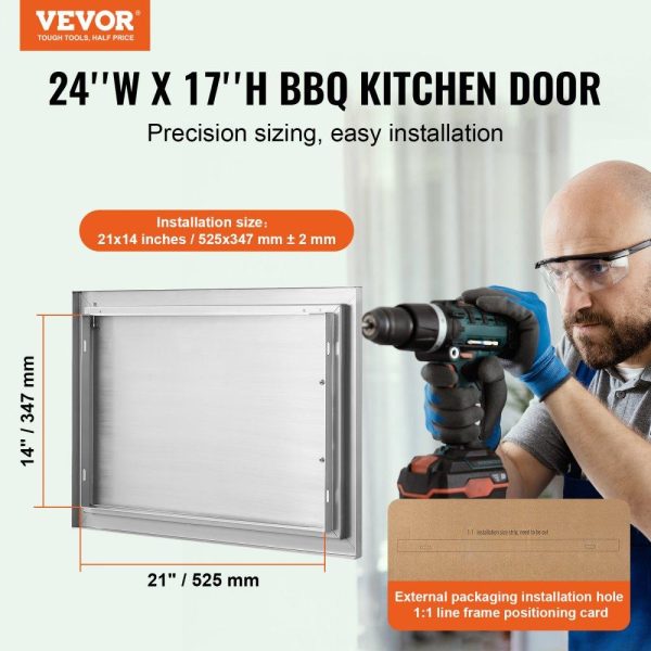 Restaurant Furniture | BBQ Access Door, 24W x 17H Inch Single Outdoor Kitchen Door, Stainless Steel Flush Mount Door, Wall Vertical Door with Handle, for BBQ Island, Grilling Station, Outside Cabinet Silver Restaurant & Food Service Restaurant Furniture