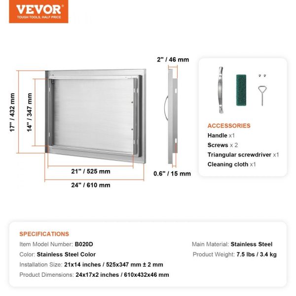 Restaurant Furniture | BBQ Access Door, 24W x 17H Inch Single Outdoor Kitchen Door, Stainless Steel Flush Mount Door, Wall Vertical Door with Handle, for BBQ Island, Grilling Station, Outside Cabinet Silver Restaurant & Food Service Restaurant Furniture