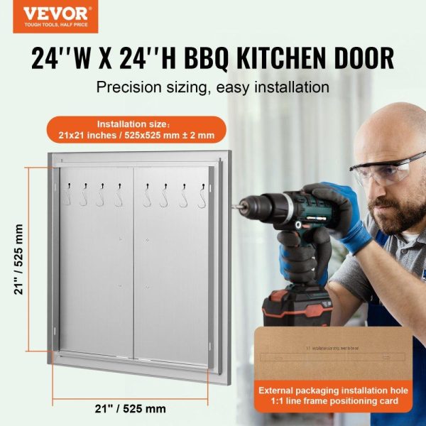 Restaurant Furniture | BBQ Access Door, 24W x 24H Inch Double Outdoor Kitchen Door, Stainless Steel Flush Mount Door, Double Wall Vertical Door with Handles and Hooks, for BBQ Island, Grilling Station, Outside Cabinet Silver Restaurant & Food Service Restaurant Furniture