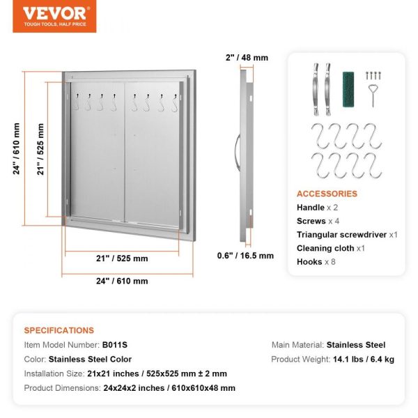 Restaurant Furniture | BBQ Access Door, 24W x 24H Inch Double Outdoor Kitchen Door, Stainless Steel Flush Mount Door, Double Wall Vertical Door with Handles and Hooks, for BBQ Island, Grilling Station, Outside Cabinet Silver Restaurant & Food Service Restaurant Furniture