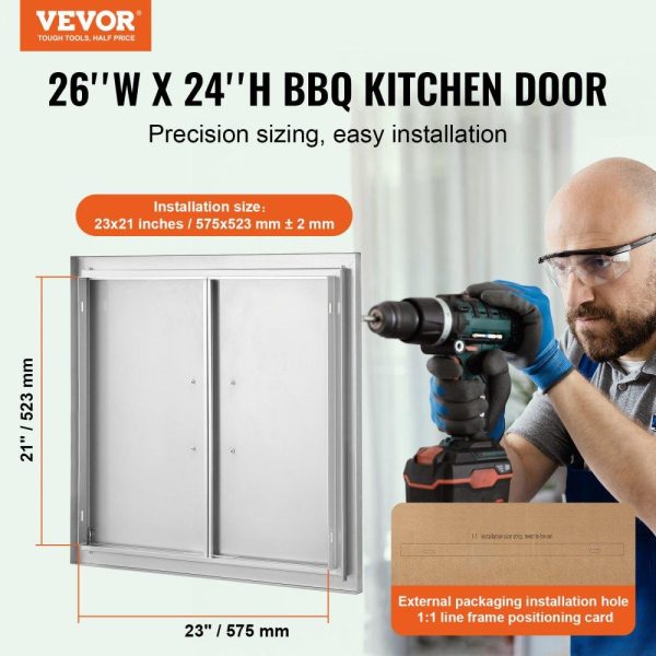 Restaurant Furniture | BBQ Access Door, 26W x 24H Inch Double Outdoor Kitchen Door, Stainless Steel Flush Mount Door, Wall Vertical Door with Handles, for BBQ Island, Grilling Station, Outside Cabinet Silver Restaurant & Food Service Restaurant Furniture