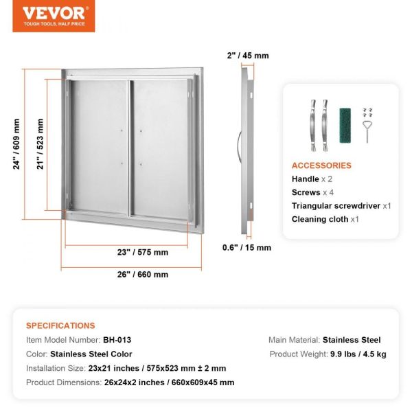 Restaurant Furniture | BBQ Access Door, 26W x 24H Inch Double Outdoor Kitchen Door, Stainless Steel Flush Mount Door, Wall Vertical Door with Handles, for BBQ Island, Grilling Station, Outside Cabinet Silver Restaurant & Food Service Restaurant Furniture