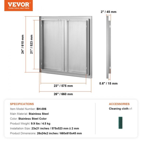 Restaurant Furniture | BBQ Access Door, 26W x 24H Inch Double Outdoor Kitchen Door, Stainless Steel Flush Mount Door, Wall Vertical Door with Recessed Handles , for BBQ Island, Grilling Station, Outside Cabinet Restaurant & Food Service Restaurant Furniture