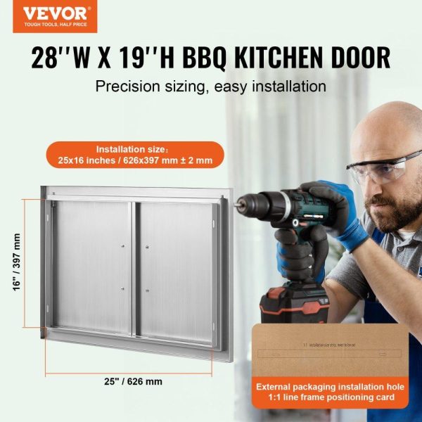 Restaurant Furniture | BBQ Access Door, 28W x 19H Inch Double Outdoor Kitchen Door, Stainless Steel Flush Mount Door, Wall Vertical Door with Handles, for BBQ Island, Grilling Station, Outside Cabinet Silver Restaurant & Food Service Restaurant Furniture