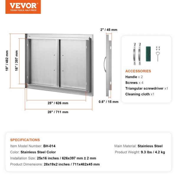 Restaurant Furniture | BBQ Access Door, 28W x 19H Inch Double Outdoor Kitchen Door, Stainless Steel Flush Mount Door, Wall Vertical Door with Handles, for BBQ Island, Grilling Station, Outside Cabinet Silver Restaurant & Food Service Restaurant Furniture