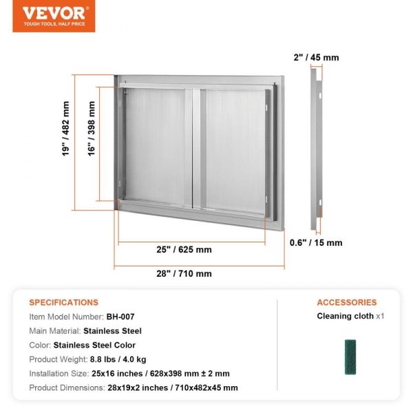 Restaurant Furniture | BBQ Access Door, 28W x 19H Inch Double Outdoor Kitchen Door, Stainless Steel Flush Mount Door, Wall Vertical Door with Recessed Handles , for BBQ Island, Grilling Station, Outside Cabinet Restaurant & Food Service Restaurant Furniture