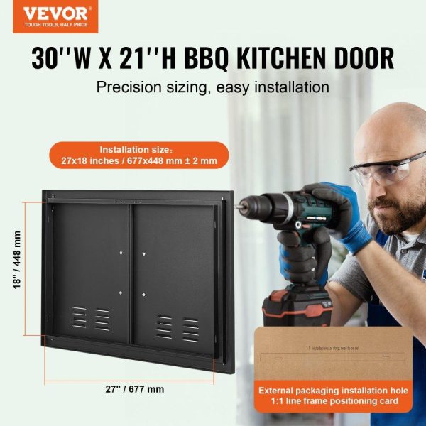 Restaurant Furniture | BBQ Access Door, 30W x 21H Inch Double Outdoor Kitchen Door, Cold Plate Flush Mount Door, Wall Vertical Door with Handles and Ventss, for BBQ Island, Grilling Station, Outside Cabinet Black Restaurant & Food Service Black