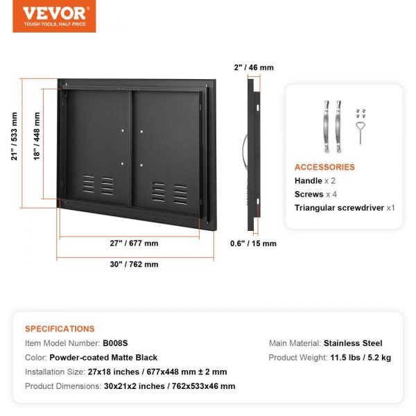 Restaurant Furniture | BBQ Access Door, 30W x 21H Inch Double Outdoor Kitchen Door, Cold Plate Flush Mount Door, Wall Vertical Door with Handles and Ventss, for BBQ Island, Grilling Station, Outside Cabinet Black Restaurant & Food Service Black