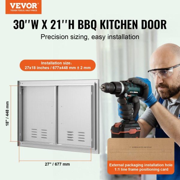 Restaurant Furniture | BBQ Access Door, 30W x 21H Inch Double Outdoor Kitchen Door, Stainless Steel Flush Mount Door, Wall Vertical Door with Handles and Vents, for BBQ Island, Grilling Station, Outside Cabinet Restaurant & Food Service Restaurant Furniture