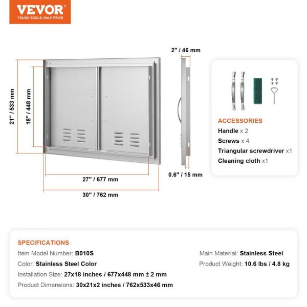 Restaurant Furniture | BBQ Access Door, 30W x 21H Inch Double Outdoor Kitchen Door, Stainless Steel Flush Mount Door, Wall Vertical Door with Handles and Vents, for BBQ Island, Grilling Station, Outside Cabinet Restaurant & Food Service Restaurant Furniture