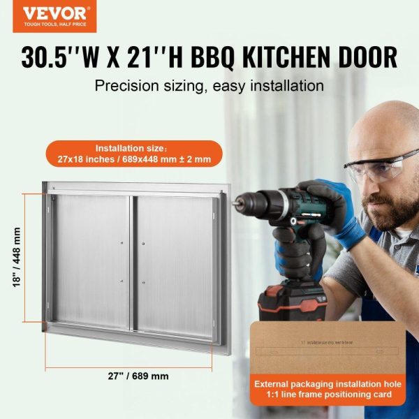 Restaurant Furniture | BBQ Access Door, 30W x 21H Inch Double Outdoor Kitchen Door, Stainless Steel Flush Mount Door, Wall Vertical Door with Handles, for BBQ Island, Grilling Station, Outside Cabinet Silver Restaurant & Food Service Restaurant Furniture