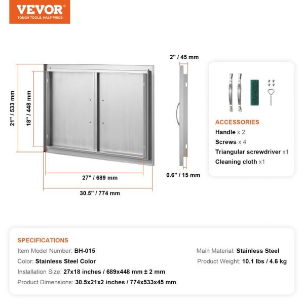 Restaurant Furniture | BBQ Access Door, 30W x 21H Inch Double Outdoor Kitchen Door, Stainless Steel Flush Mount Door, Wall Vertical Door with Handles, for BBQ Island, Grilling Station, Outside Cabinet Silver Restaurant & Food Service Restaurant Furniture