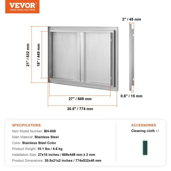 Restaurant Furniture | BBQ Access Door, 30W x 21H Inch Double Outdoor Kitchen Door, Stainless Steel Flush Mount Door, Wall Vertical Door with Recessed Handles , for BBQ Island, Grilling Station, Outside Cabinet Restaurant & Food Service Restaurant Furniture