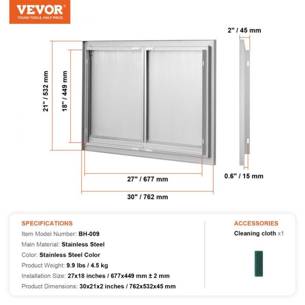 Restaurant Furniture | BBQ Access Door, 30W x 21H Inch Double Outdoor Kitchen Door, Stainless Steel Flush Mount Door, Wall Vertical Door with Recessed Handles , for BBQ Island, Grilling Station, Outside Cabinet Restaurant & Food Service Restaurant Furniture