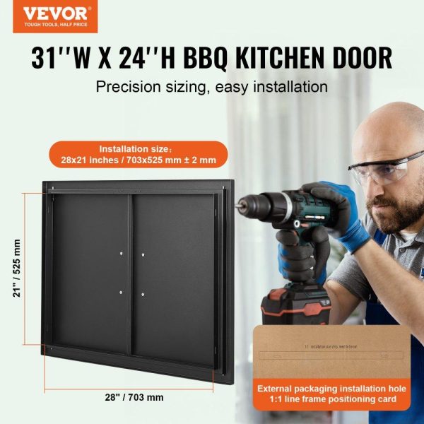 Restaurant Furniture | BBQ Access Door, 31W x 24H Inch Double Outdoor Kitchen Door, Cold Plate Flush Mount Door, Wall Vertical Door with Handles, for BBQ Island, Grilling Station, Outside Cabinet Black Restaurant & Food Service Black