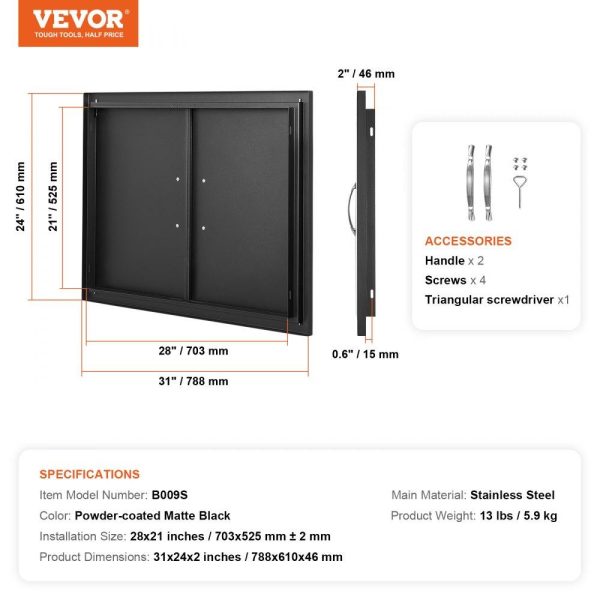 Restaurant Furniture | BBQ Access Door, 31W x 24H Inch Double Outdoor Kitchen Door, Cold Plate Flush Mount Door, Wall Vertical Door with Handles, for BBQ Island, Grilling Station, Outside Cabinet Black Restaurant & Food Service Black