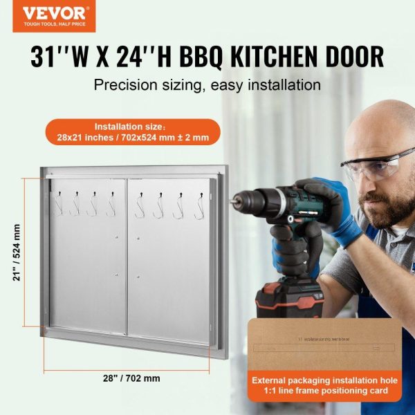 Restaurant Furniture | BBQ Access Door, 31W x 24H Inch Double Outdoor Kitchen Door, Stainless Steel Flush Mount Door, Double Wall Vertical Door with Handles and Hooks, for BBQ Island, Grilling Station, Outside Cabinet Restaurant & Food Service Restaurant Furniture