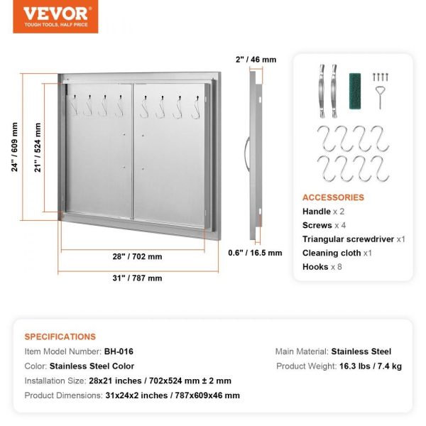 Restaurant Furniture | BBQ Access Door, 31W x 24H Inch Double Outdoor Kitchen Door, Stainless Steel Flush Mount Door, Double Wall Vertical Door with Handles and Hooks, for BBQ Island, Grilling Station, Outside Cabinet Restaurant & Food Service Restaurant Furniture