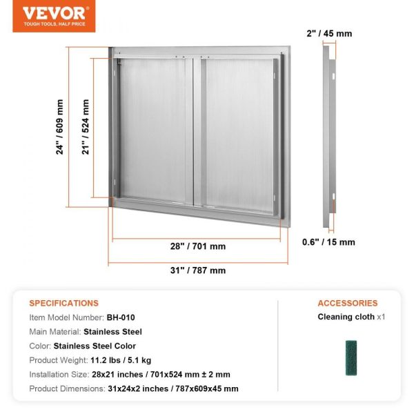 Restaurant Furniture | BBQ Access Door, 31W x 24H Inch Double Outdoor Kitchen Door, Stainless Steel Flush Mount Door, Wall Vertical Door with Recessed Handles , for BBQ Island, Grilling Station, Outside Cabinet Restaurant & Food Service Restaurant Furniture