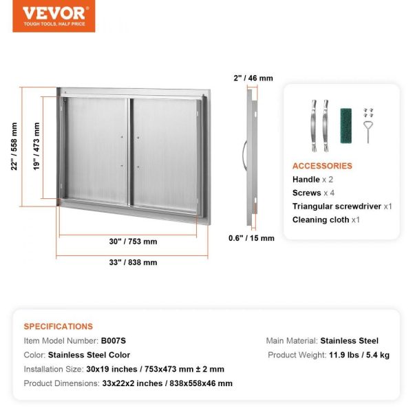 Restaurant Furniture | BBQ Access Door, 33W x 22H Inch Double Outdoor Kitchen Door, Stainless Steel Flush Mount Door, Wall Vertical Door with Handles, for BBQ Island, Grilling Station, Outside Cabinet Restaurant & Food Service Restaurant Furniture