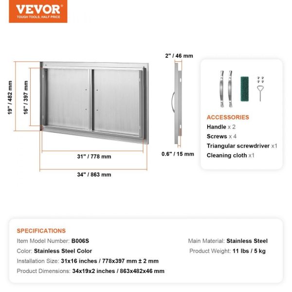 Restaurant Furniture | BBQ Access Door, 34W x 19H Inch Double Outdoor Kitchen Door, Stainless Steel Flush Mount Door, Wall Vertical Door with Handles, for BBQ Island, Grilling Station, Outside Cabinet Restaurant & Food Service Restaurant Furniture