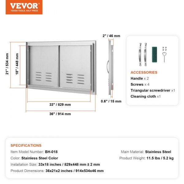 Restaurant Furniture | BBQ Access Door, 36W x 21H Inch Double Outdoor Kitchen Door, Stainless Steel Flush Mount Door, Wall Vertical Door with Handles and Vents, for BBQ Island, Grilling Station, Outside Cabinet Restaurant & Food Service Restaurant Furniture