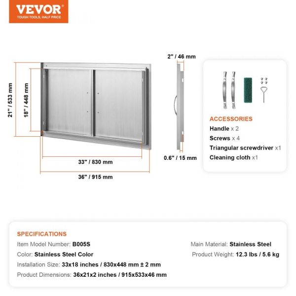 Restaurant Furniture | BBQ Access Door, 36W x 21H Inch Double Outdoor Kitchen Door, Stainless Steel Flush Mount Door, Wall Vertical Door with Handles, for BBQ Island, Grilling Station, Outside Cabinet Silver Restaurant & Food Service Restaurant Furniture