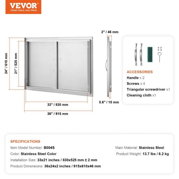 Restaurant Furniture | BBQ Access Door, 36W x 24H Inch Double Outdoor Kitchen Door, Stainless Steel Flush Mount Door, Wall Vertical Door with Handles, for BBQ Island, Grilling Station, Outside Cabinet Restaurant & Food Service Restaurant Furniture