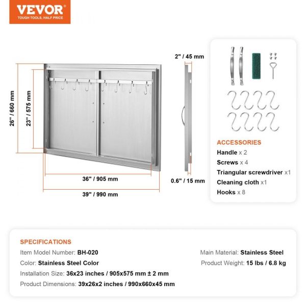 Restaurant Furniture | BBQ Access Door, 39W x 26H Inch Double Outdoor Kitchen Door, Stainless Steel Flush Mount Door, Wall Vertical Door with Handles and Hooks, for BBQ Island, Grilling Station, Outside Cabinet Restaurant & Food Service Restaurant Furniture