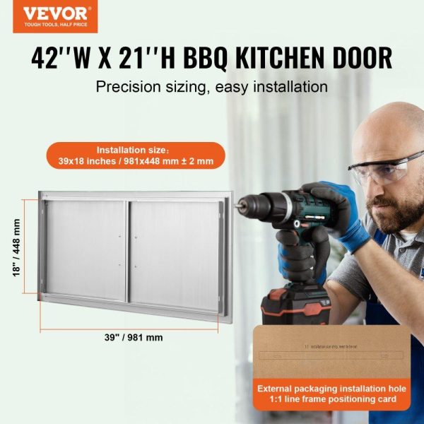 Restaurant Furniture | BBQ Access Door, 42W x 21H Inch Double Outdoor Kitchen Door, Stainless Steel Flush Mount Door, Wall Vertical Door with Handles, for BBQ Island, Grilling Station, Outside Cabinet Restaurant & Food Service Restaurant Furniture