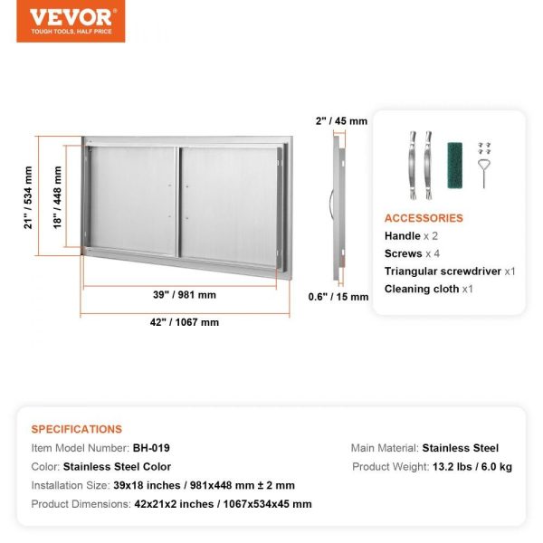 Restaurant Furniture | BBQ Access Door, 42W x 21H Inch Double Outdoor Kitchen Door, Stainless Steel Flush Mount Door, Wall Vertical Door with Handles, for BBQ Island, Grilling Station, Outside Cabinet Restaurant & Food Service Restaurant Furniture