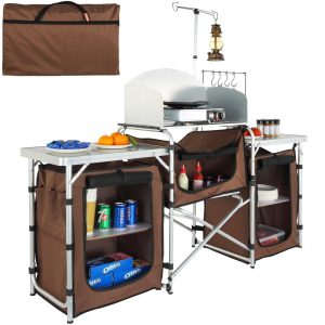 Restaurant Furniture | Camping Kitchen Table, Folding Outdoor Cooking Table with Storage Carrying Bag, Aluminum Cook Station 3 Cupboard & Detachable Windscreen, Quick Set-up for Picnics, BBQ, RV Traveling, Brown Brown Restaurant & Food Service Brown