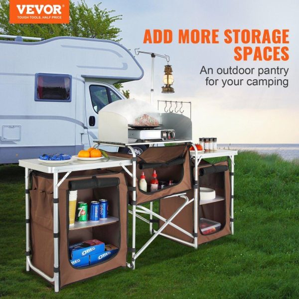 Restaurant Furniture | Camping Kitchen Table, Folding Outdoor Cooking Table with Storage Carrying Bag, Aluminum Cook Station 3 Cupboard & Detachable Windscreen, Quick Set-up for Picnics, BBQ, RV Traveling, Brown Brown Restaurant & Food Service Brown