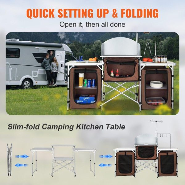 Restaurant Furniture | Camping Kitchen Table, Folding Outdoor Cooking Table with Storage Carrying Bag, Aluminum Cook Station 3 Cupboard & Detachable Windscreen, Quick Set-up for Picnics, BBQ, RV Traveling, Brown Brown Restaurant & Food Service Brown