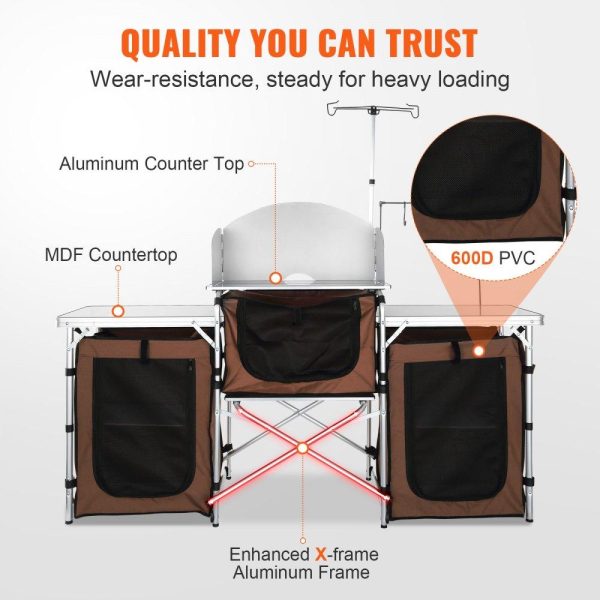 Restaurant Furniture | Camping Kitchen Table, Folding Outdoor Cooking Table with Storage Carrying Bag, Aluminum Cook Station 3 Cupboard & Detachable Windscreen, Quick Set-up for Picnics, BBQ, RV Traveling, Brown Brown Restaurant & Food Service Brown