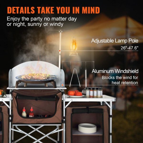 Restaurant Furniture | Camping Kitchen Table, Folding Outdoor Cooking Table with Storage Carrying Bag, Aluminum Cook Station 3 Cupboard & Detachable Windscreen, Quick Set-up for Picnics, BBQ, RV Traveling, Brown Brown Restaurant & Food Service Brown