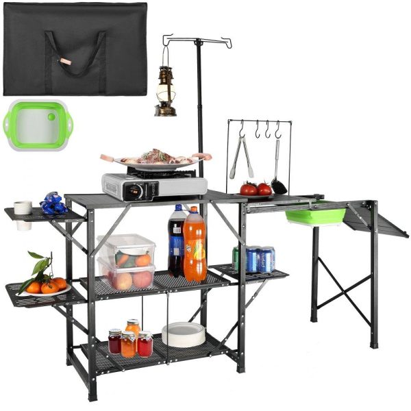 Restaurant Furniture | Camping Kitchen Table, One-piece Folding Portable Cook Station with A Carrying Bag, Long Aluminum Camping Table 3 Side Tables, 2 Shelves & A Detachable Sink for Outdoor Picnics, BBQs, Camping Restaurant & Food Service Restaurant Furniture