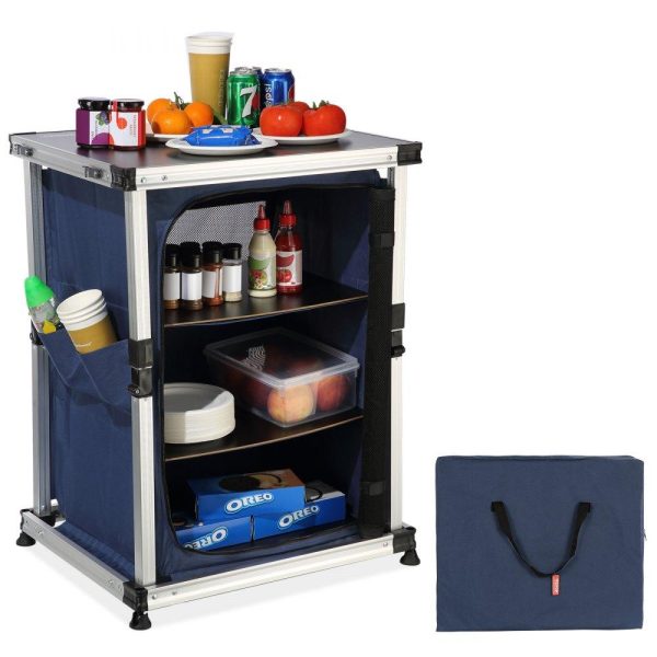 Restaurant Furniture | Camping Kitchen Table, Pop-up Aluminum Portable Folding Cook Station w/ 3-Tier Storage Organizer, Side Pocket & Carrying Bag, Quick Installation for Outdoor BBQ Party Backyard & Tailgating, Blue Restaurant & Food Service Restaurant Furniture