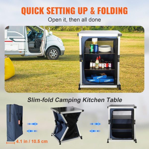 Restaurant Furniture | Camping Kitchen Table, Pop-up Aluminum Portable Folding Cook Station w/ 3-Tier Storage Organizer, Side Pocket & Carrying Bag, Quick Installation for Outdoor BBQ Party Backyard & Tailgating, Blue Restaurant & Food Service Restaurant Furniture