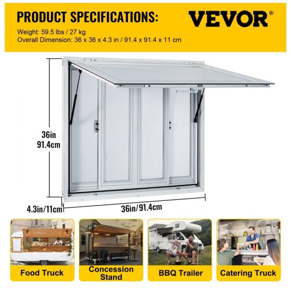 Restaurant Furniture | Concession Window, 36 x 36 inch, Aluminum Alloy Food Truck Service Window with 4 Horizontal Sliding Screen Windows & Awning Door & Drag Hook, Serving Window for Food Trucks Concession Trailers Restaurant & Food Service Restaurant Furniture