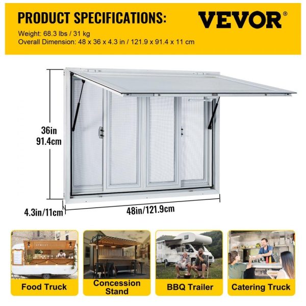 Restaurant Furniture | Concession Window, 48 x 36 inch, Aluminum Alloy Food Truck Service Window with 4 Horizontal Sliding Screen Windows & Awning Door & Drag Hook, Serving Window for Food Trucks Concession Trailers Restaurant & Food Service Restaurant Furniture