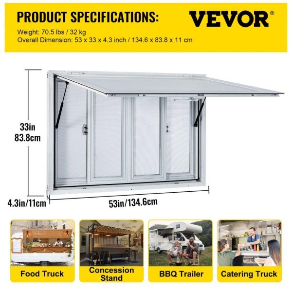 Restaurant Furniture | Concession Window, 53 x 33 inch, Aluminum Alloy Food Truck Service Window with 4 Horizontal Sliding Screen Windows & Awning Door & Drag Hook, Serving Window for Food Trucks Concession Trailers Restaurant & Food Service Restaurant Furniture