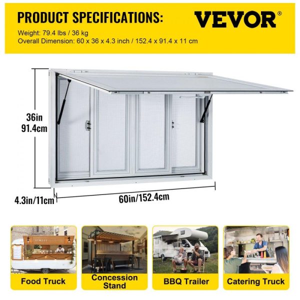 Restaurant Furniture | Concession Window, 60 x 36 inch, Aluminum Alloy Food Truck Service Window with 4 Horizontal Sliding Screen Windows & Awning Door & Drag Hook, Serving Window for Food Trucks Concession Trailers Restaurant & Food Service Restaurant Furniture