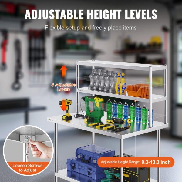 Restaurant Furniture | Double Overshelf, Double Tier Stainless Steel Overshelf, 12 x 48 Inch Double Deck Overshelf, Height Adjustable Overshelf Prep Work Table for Kitchen, Restaurant and Workshop Restaurant & Food Service Restaurant Furniture