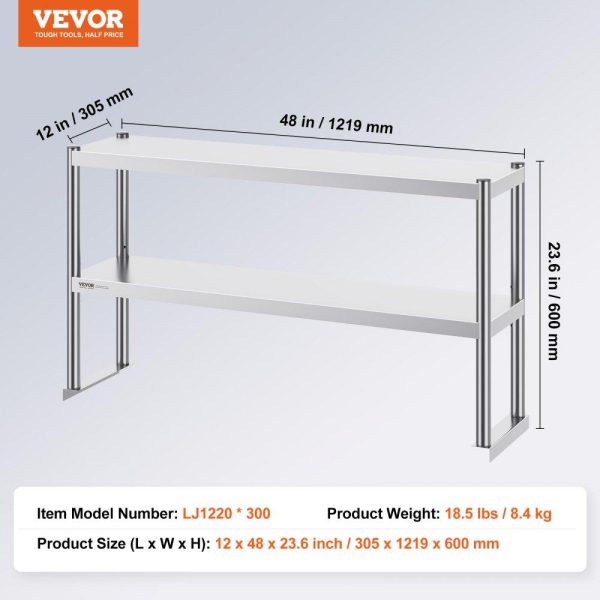 Restaurant Furniture | Double Overshelf, Double Tier Stainless Steel Overshelf, 12 x 48 Inch Double Deck Overshelf, Height Adjustable Overshelf Prep Work Table for Kitchen, Restaurant and Workshop Restaurant & Food Service Restaurant Furniture